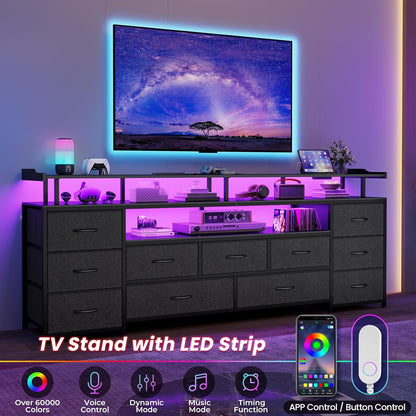 TV Stand for 65 Inch TV, 63" W TV Console Table with LED Lights & Charging Station, Long Dresser with 11 PU Drawers, Large Entertainment Center with Shelves for Bedroom,Black