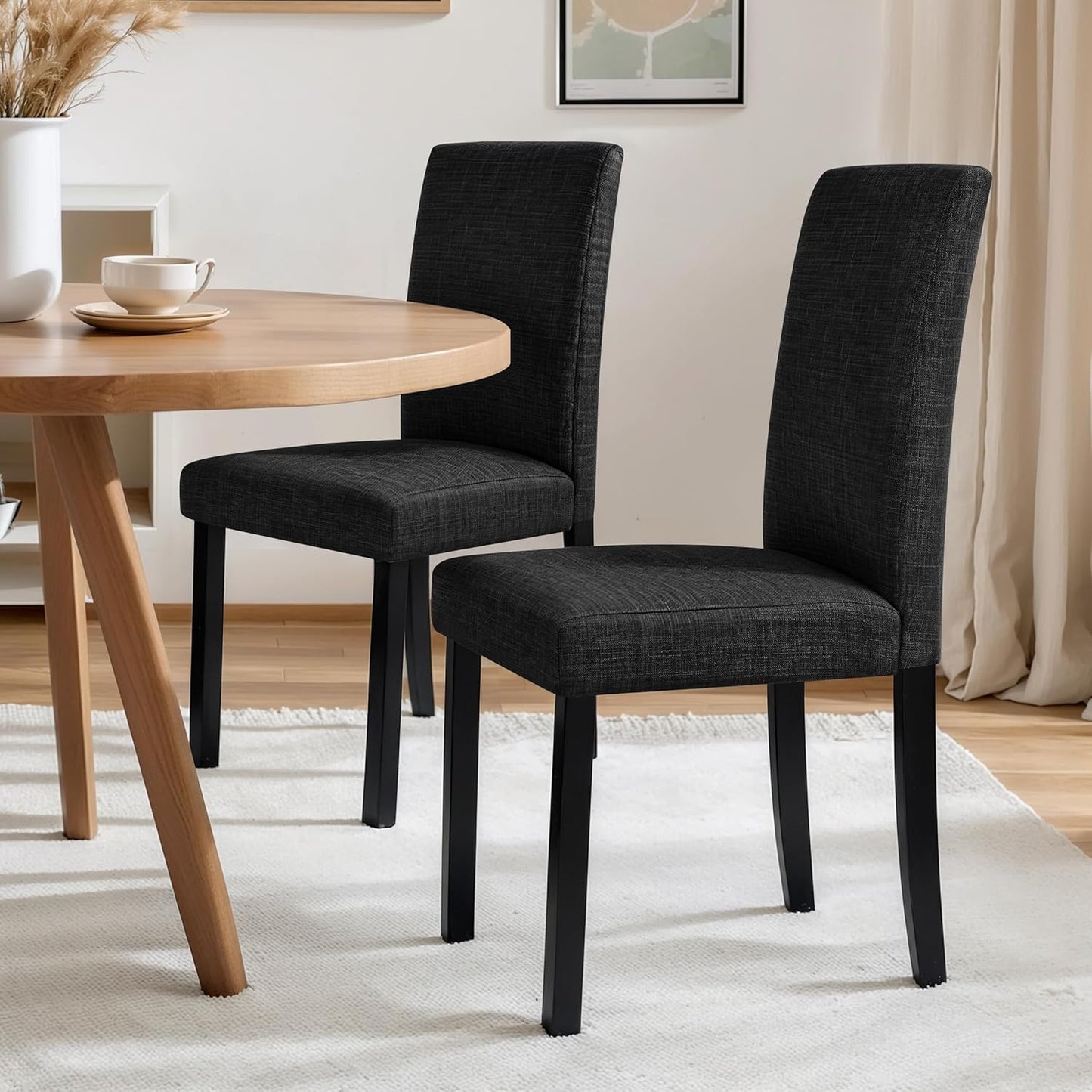 Upholstered Dining Chairs Set of 4, Fabric Dining Room Chairs with Solid Wood Legs, Modern Parson Chairs for Kitchen, Restaurant, Hotel, Black
