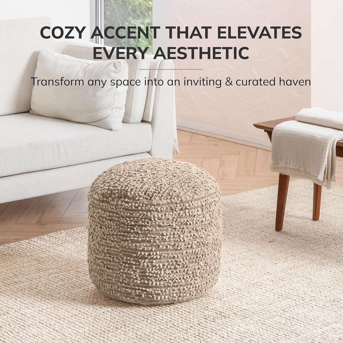 Artisan Crafted Cotton Blend Pouf Ottoman | Versatile Floor Seating & Footstool for Living Room | Modern Boho Home Décor Accent | Filled Pouffe