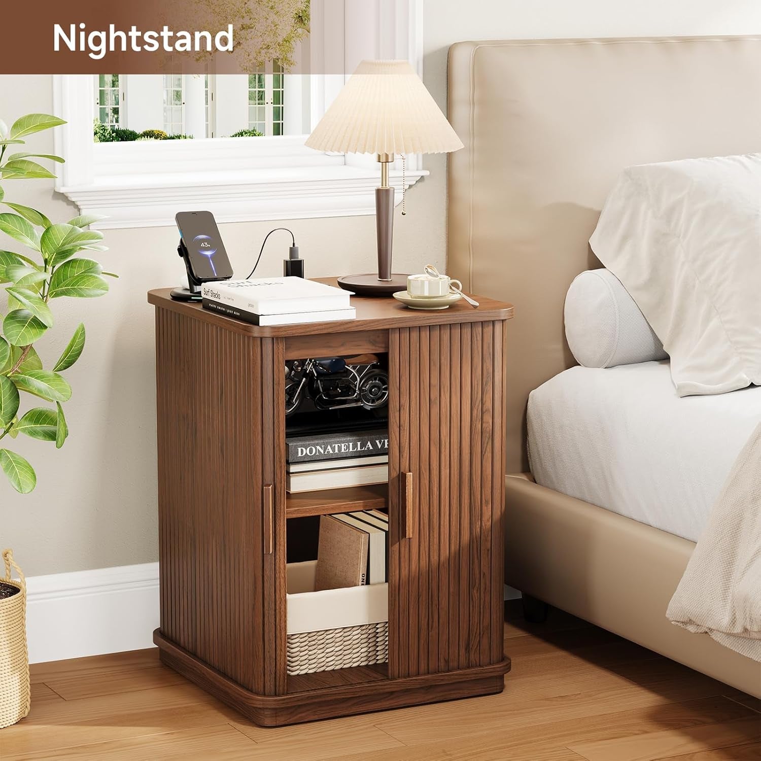 Square End Table with Storage & Charging Station, Fluted Accent Side Table with Sliding Door & Sturdy Pedestal, Mid-Century Modern Nightstand for Small Space, Living Room, Bedroom, Walnut