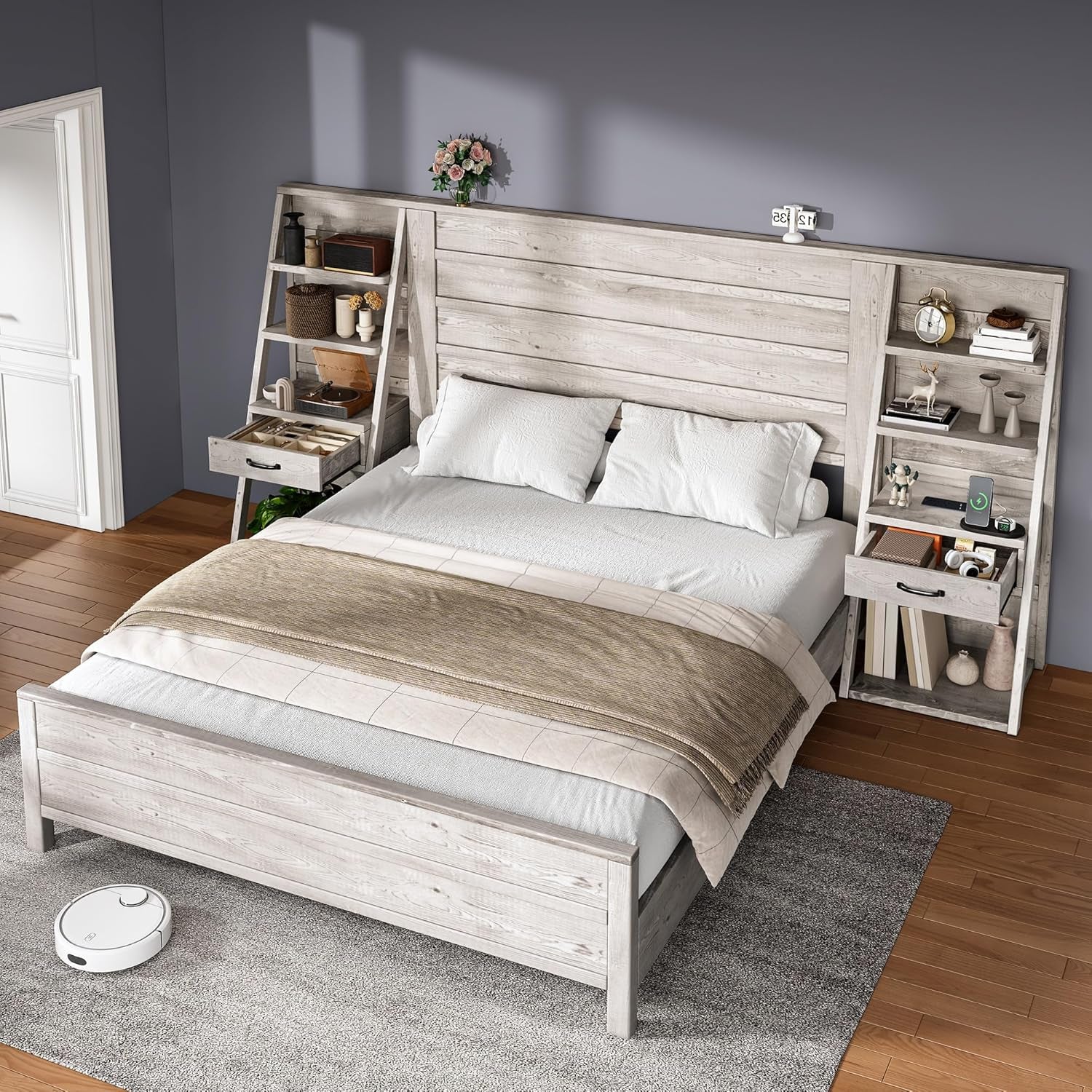 Queen Bed Frame with Bookcase Headboard & 4-Tier Bedside Shelf, Farmhouse Platform Bed with Charging Station and 2 Drawers, Noise-Free, No Box Spring Needed, Rustic White