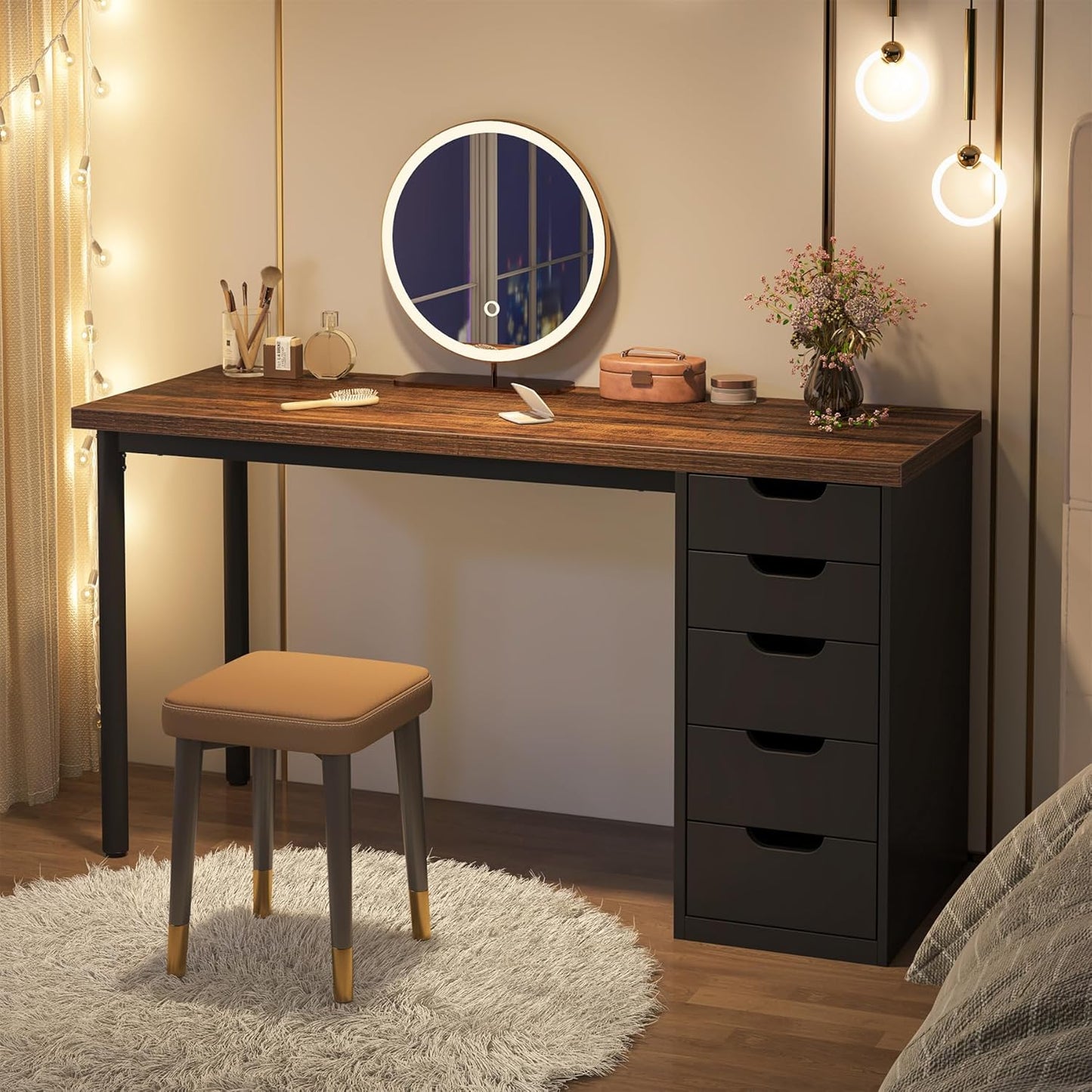 Computer Desk with 5 Drawers, 47 Inches Rustic Brown Home Office Desk with Storage, Modern Simple Laptop Desk Study Writing Table for Small Spaces (1, Brown+Black)