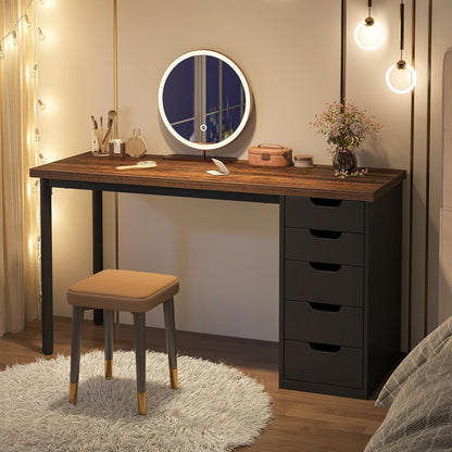 Computer Desk with 5 Drawers, 47 Inches Rustic Brown Home Office Desk with Storage, Modern Simple Laptop Desk Study Writing Table for Small Spaces (1, Brown+Black)
