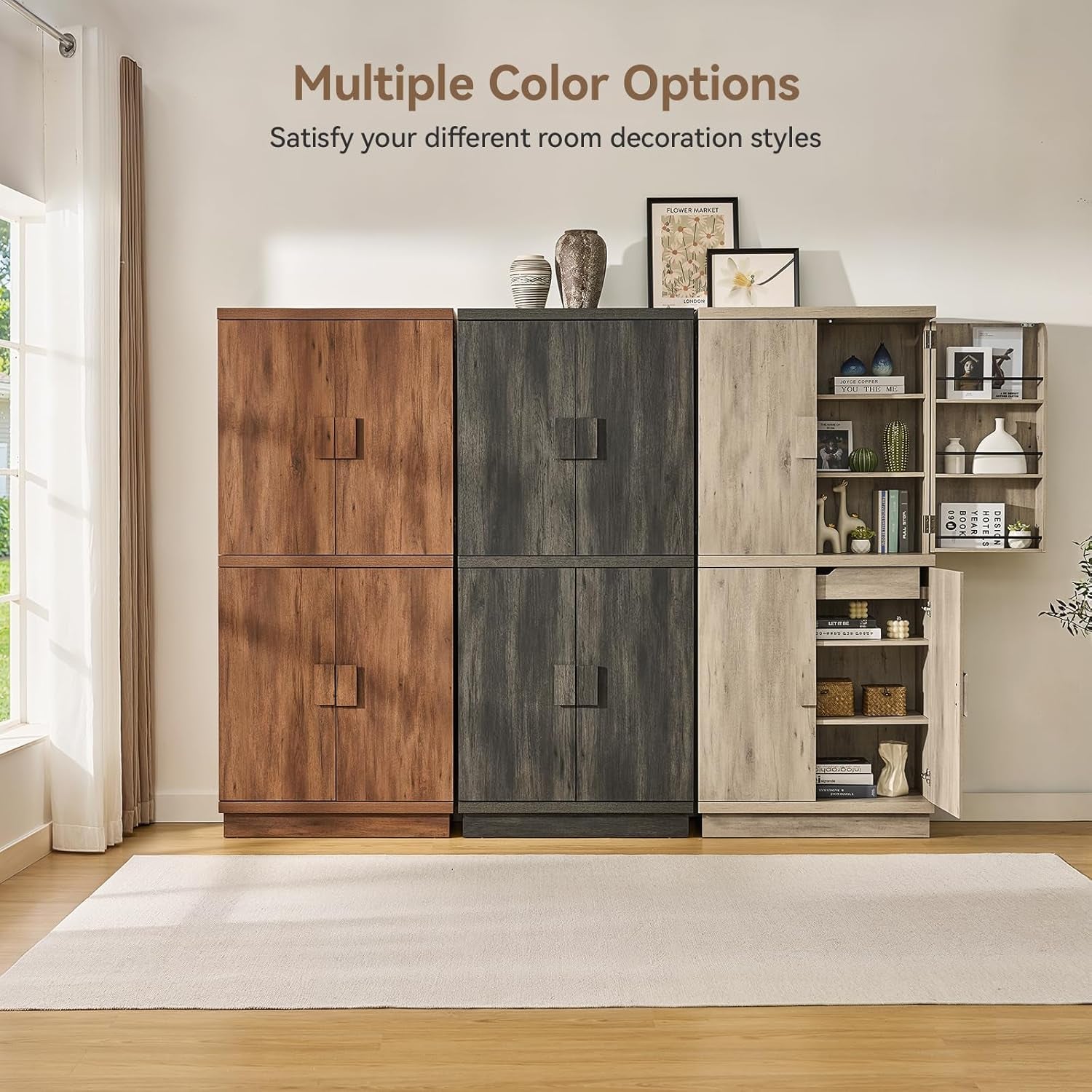 71" Tall Kitchen Pantry Cabinet, Pantry Storage Cabinet with 6 Door Shelves, Hidden Drawer and Adjustable Shelf, Freestanding Rustic Wood Pantry for Kitchen, Dining Room (Grey Oak)