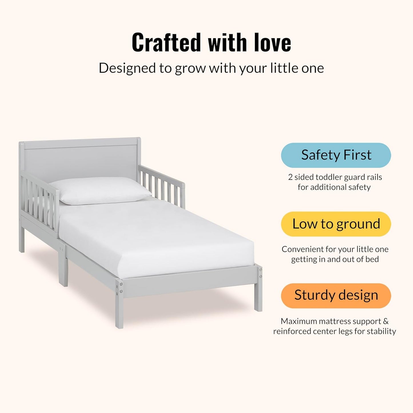 Brookside Wooden Toddler Bed in Pebble Grey, Greenguard Gold & JPMA Certified, Kids Bed with Safety Rails, Low-To-Floor Design, Non-Toxic Pinewood Finish