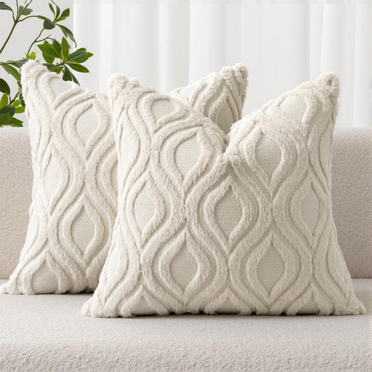 Beige Throw Pillow Covers 18X18 Inch, Neutral Soft Plush Faux Wool Solid Couch Pillows Set of 2, Decorative Farmhouse Boho Cushion Covers for Sofa Living Room Bed Home Decor