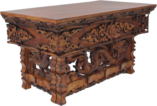 Solid Indian Elm Wood Hand Carved Shrine Altar Meditation Table (Small, Dark)
