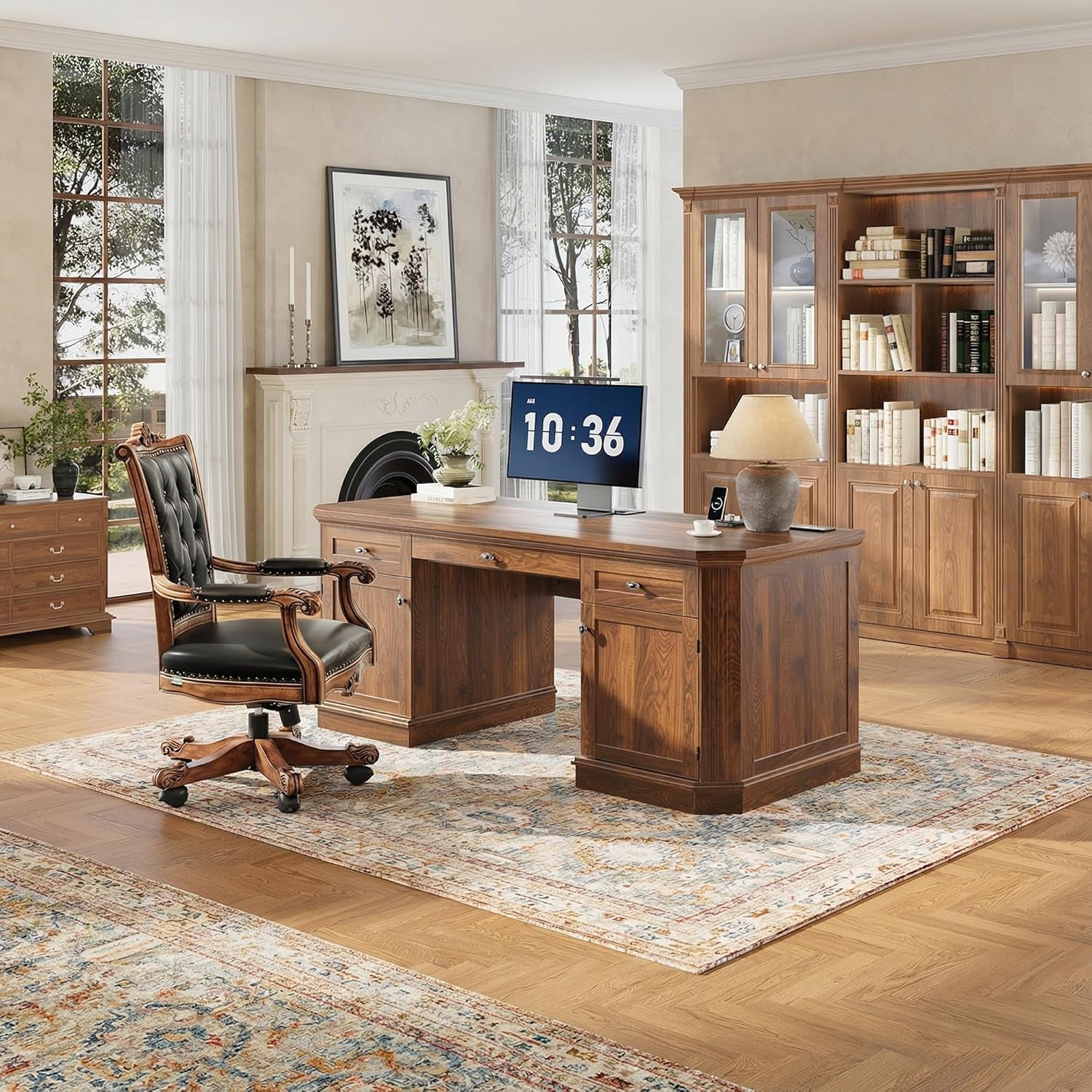 59" Classic Executive Desk with Storage, Victorian Executive Desk with Charging Station, Keyboard Tray, 3 Drawers & 2 Cabinet Storage & 2 Pedestals, Easy Assembly, Dark Walnut