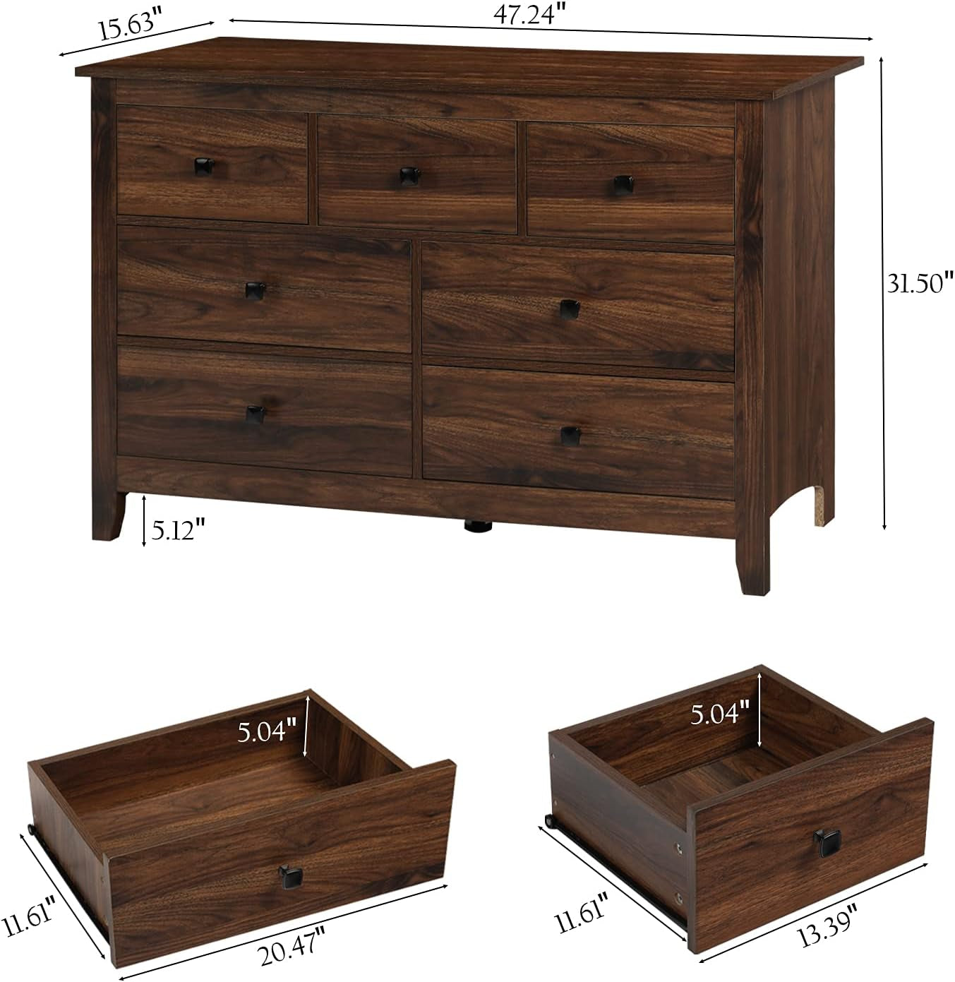 Dresser and Nightstand Set - 3 Pieces Bedroom Set with 7 Drawer Dresser and 2 Drawer Nightstands, Wooden Dresser and Nightstands for Bedroom, Brwon Wood Grain