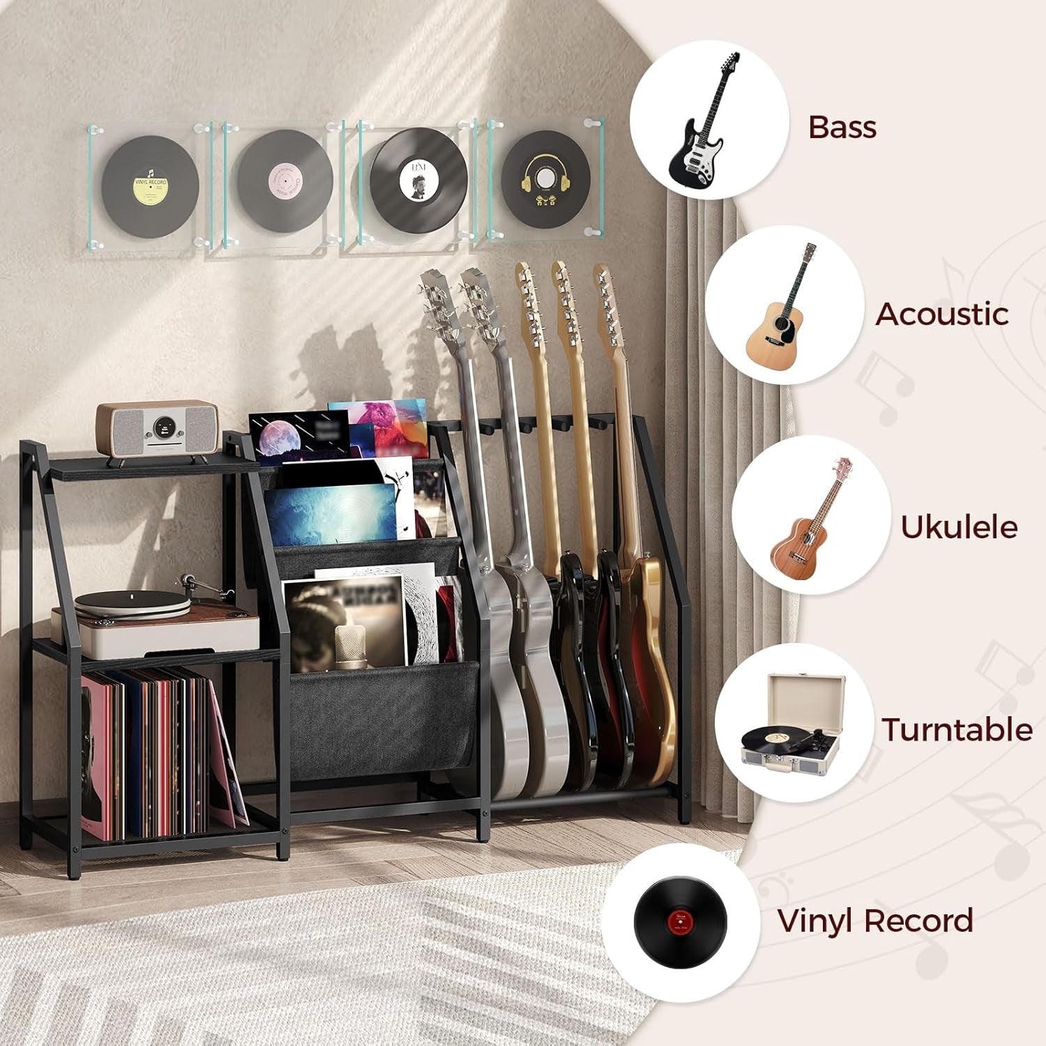 Guitar Stand, Record Player Stand with Storage, for 5 Acoustic Guitar, Bass, Electric Guitar, Ukulele, Banjo, Turntable, Vinyl Records and Amp Accessories, for Music Studios, Black