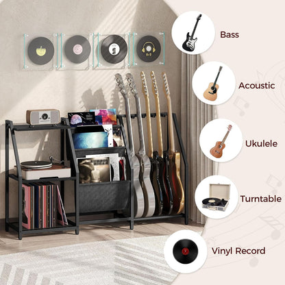 Guitar Stand, Record Player Stand with Storage, for 5 Acoustic Guitar, Bass, Electric Guitar, Ukulele, Banjo, Turntable, Vinyl Records and Amp Accessories, for Music Studios, Black