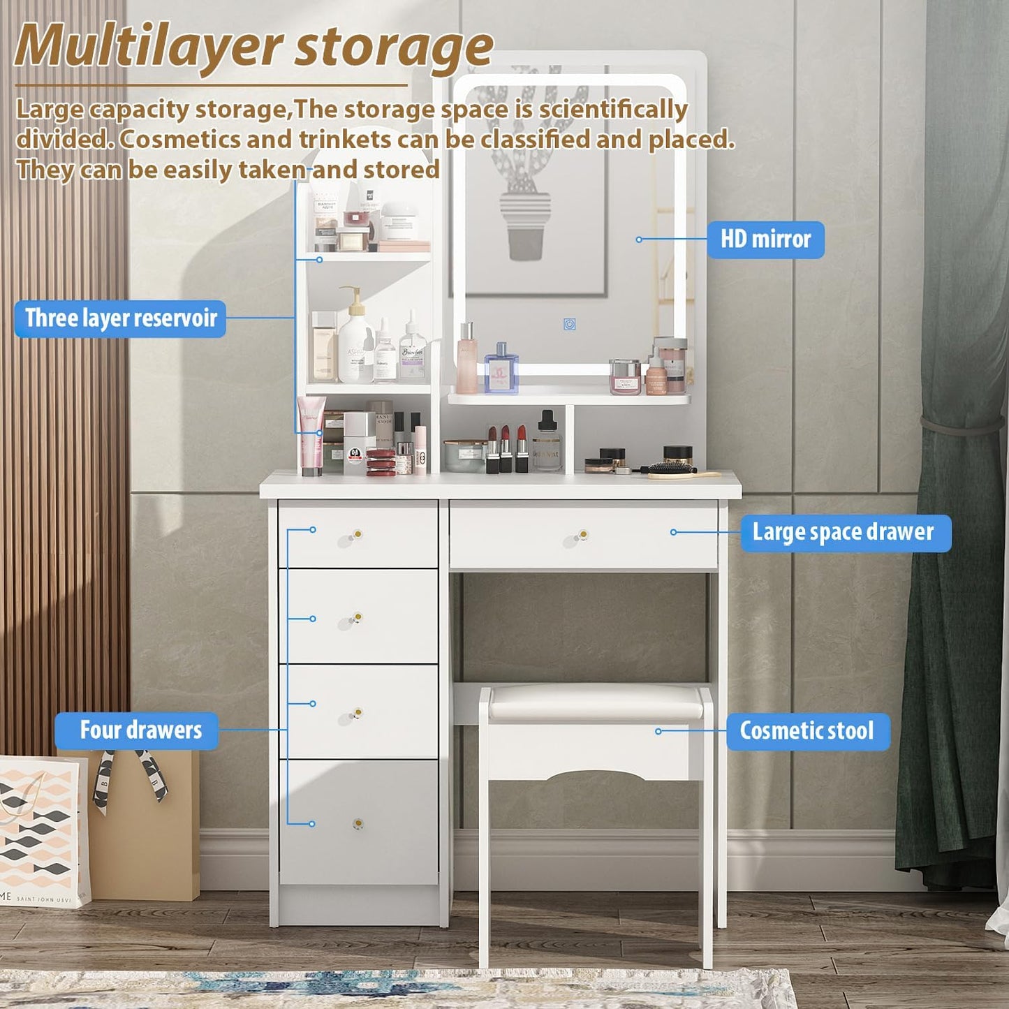 Vanity Set with Rectangular Mirror, Makeup Vanity Dressing Table with 5 Drawers, Shelves, Dresser Desk and Cushioned Stool Set (B White/Lighted Mirror)