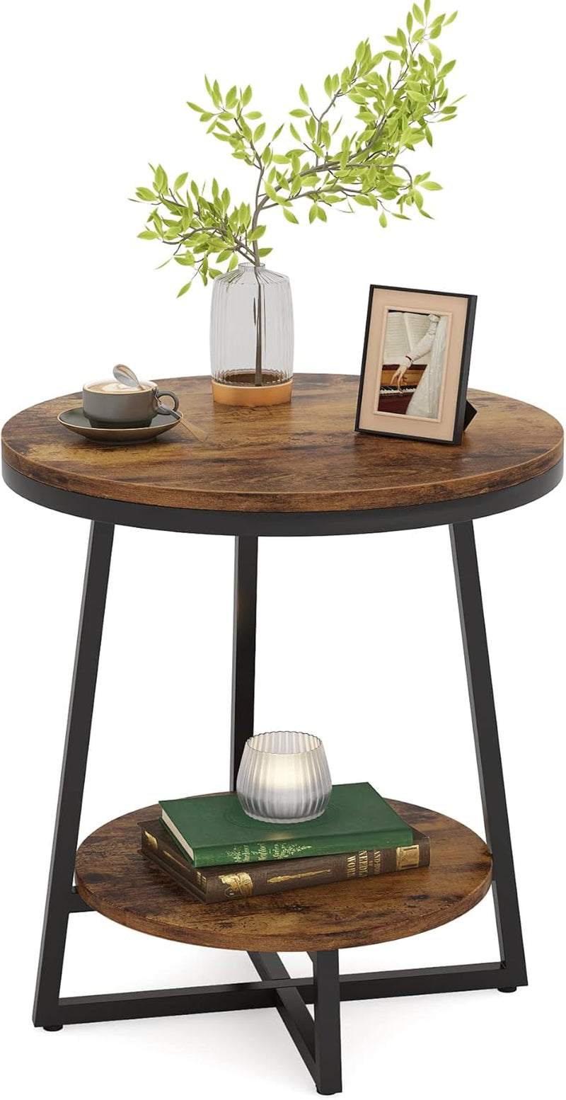 End Table, 2 Tier round Side Table with Storage Shelf, Industrial Nightstand Bedside Table Coffee Accent Table for Living Room Bedroom Small Space, Rustic Brown