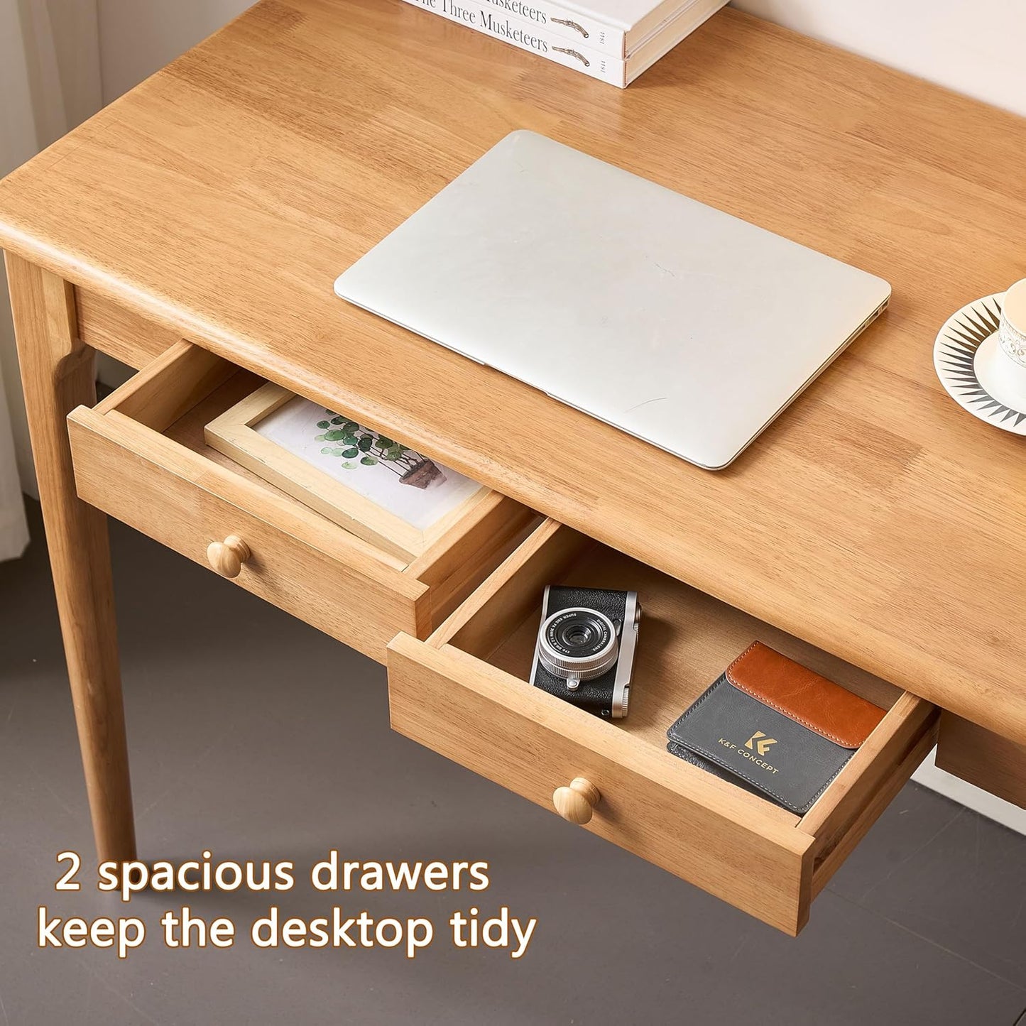 Natural Solid Wood Desk with Drawers,Mid Century Modern Real Wood 47" Writing Desk,Home Bedroom Computer Office Workstation Desks,Small Spaces,Wood Color