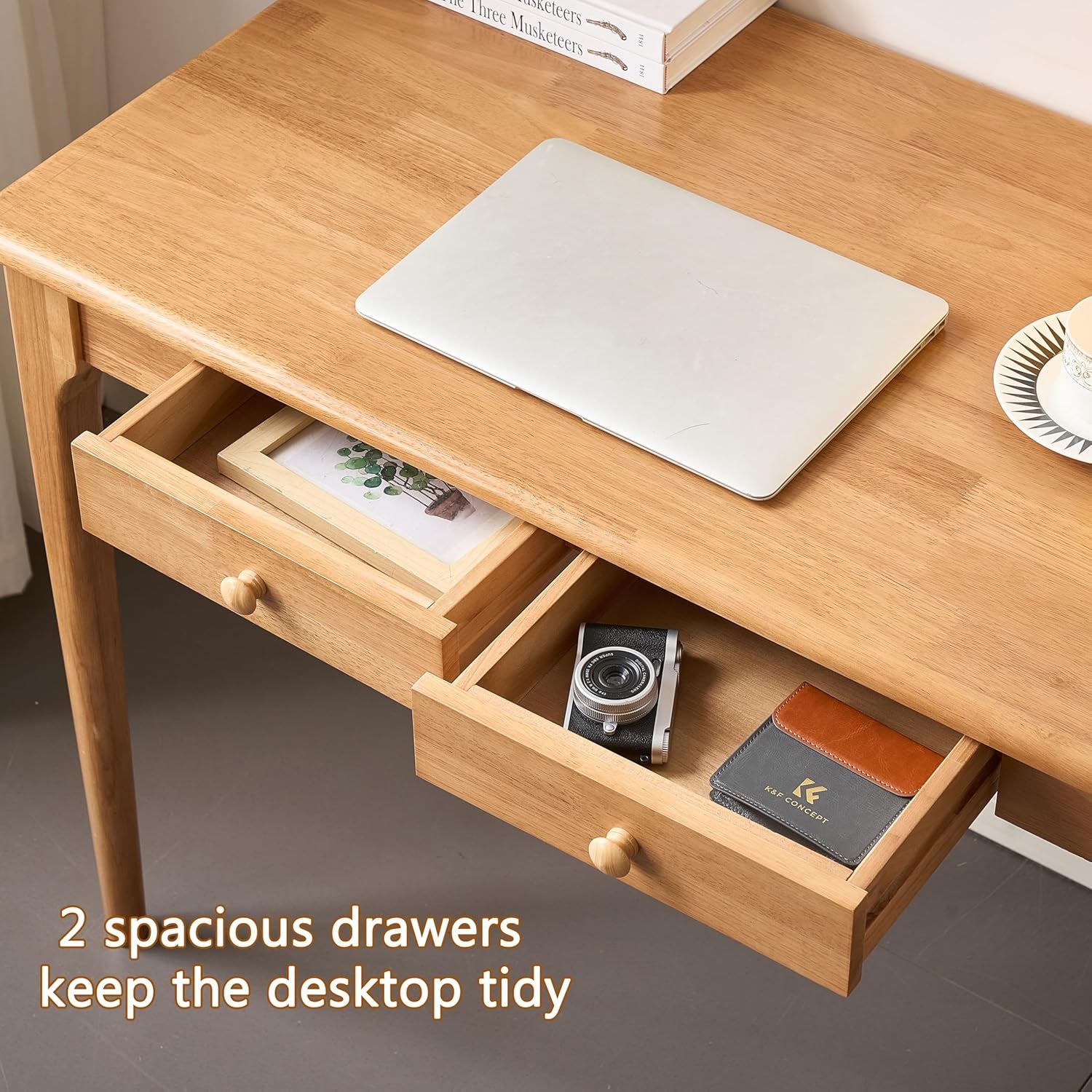 Natural Solid Wood Desk with Drawers,Mid Century Modern Real Wood 47" Writing Desk,Home Bedroom Computer Office Workstation Desks,Small Spaces,Wood Color