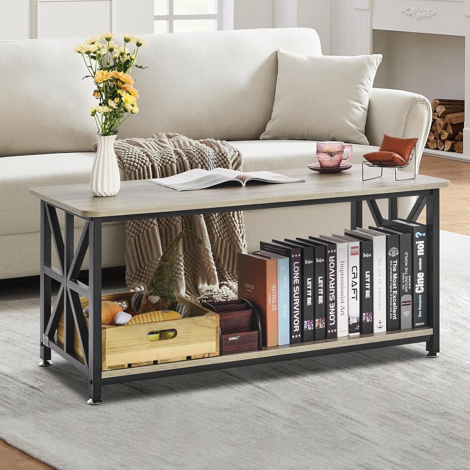 40" Farmhouse Coffee Table, Rectangle Coffee Table with Open Storage Compartment, Wooden Rustic Cocktail Table for Living Room, Bedroom, Apartment, Studio, Brown & Black