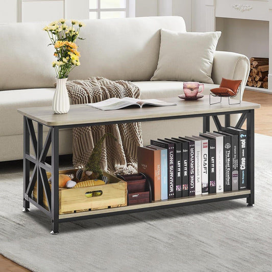 40" Farmhouse Coffee Table, Rectangle Coffee Table with Open Storage Compartment, Wooden Rustic Cocktail Table for Living Room, Bedroom, Apartment, Studio, Brown & Black