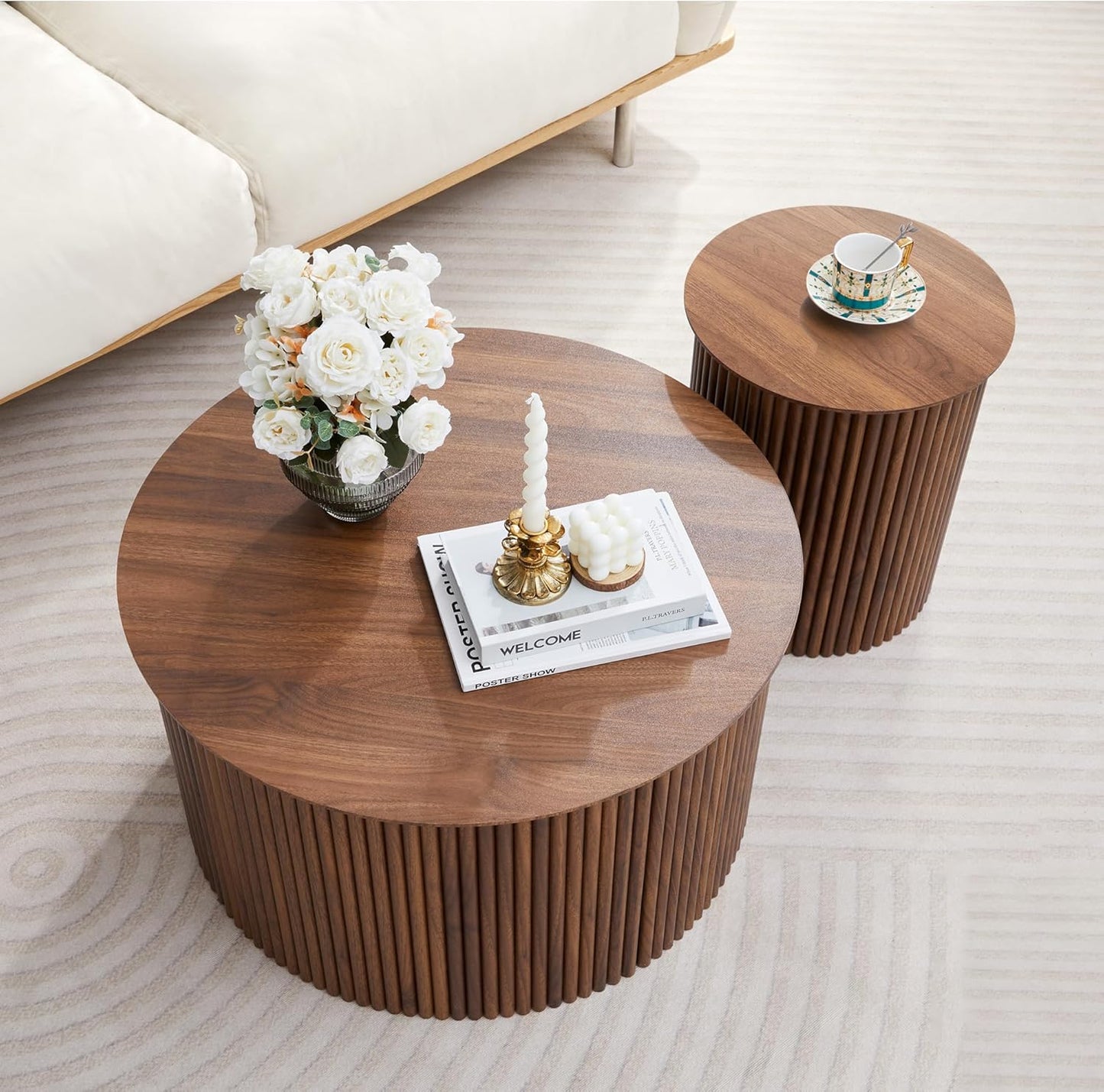 Fluted round Nesting Coffee Table Set of 2, Mid Century Modern Wood Coffee Tables and End Table Set, Circle Side Table Minimalist Center Tables for Living Room, Office(Walnut)