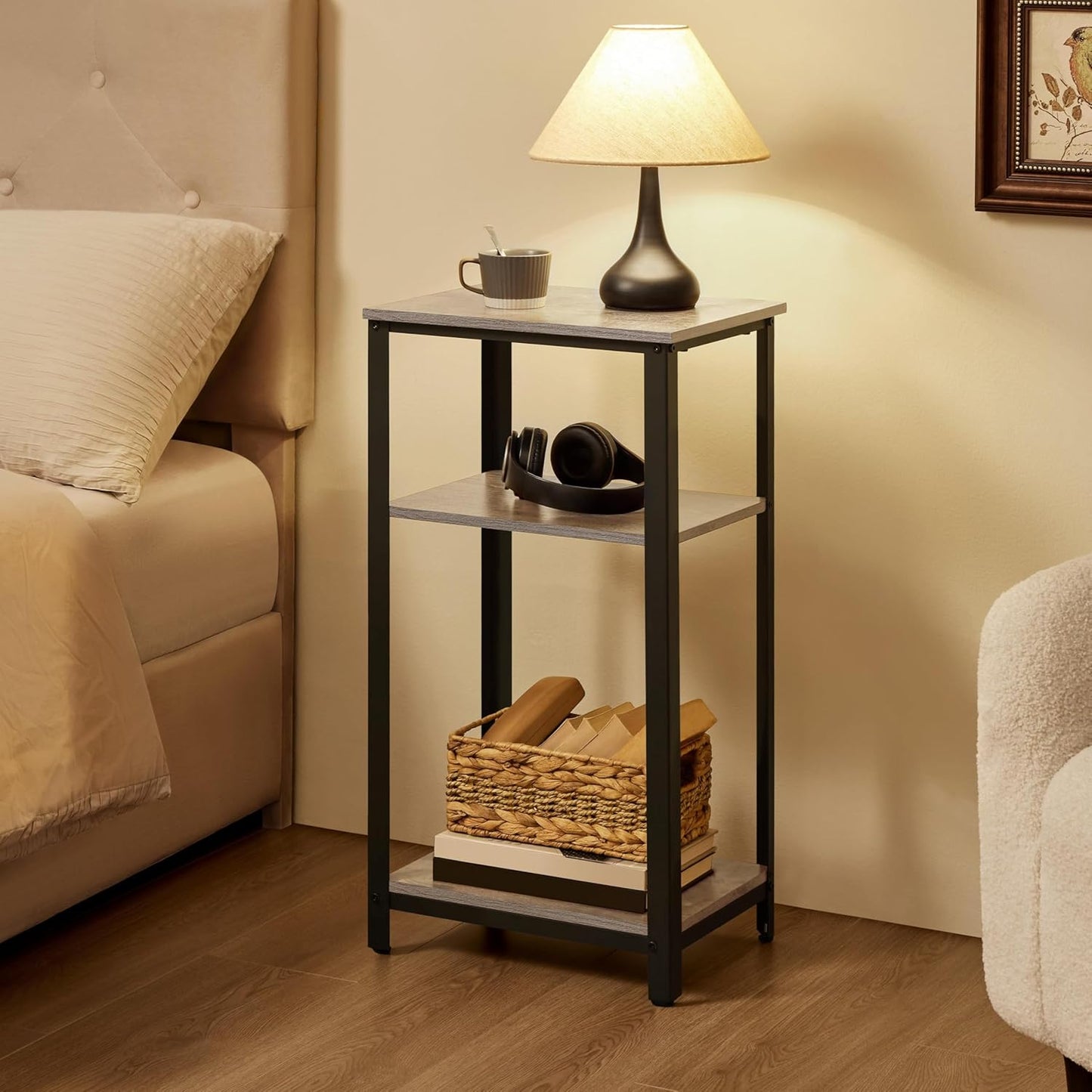 30 in Tall End Table, 3-Tier with Strong Wooden Shelves, Small Side Table with Metal Frame for Living Room Office, Small Places, Gray
