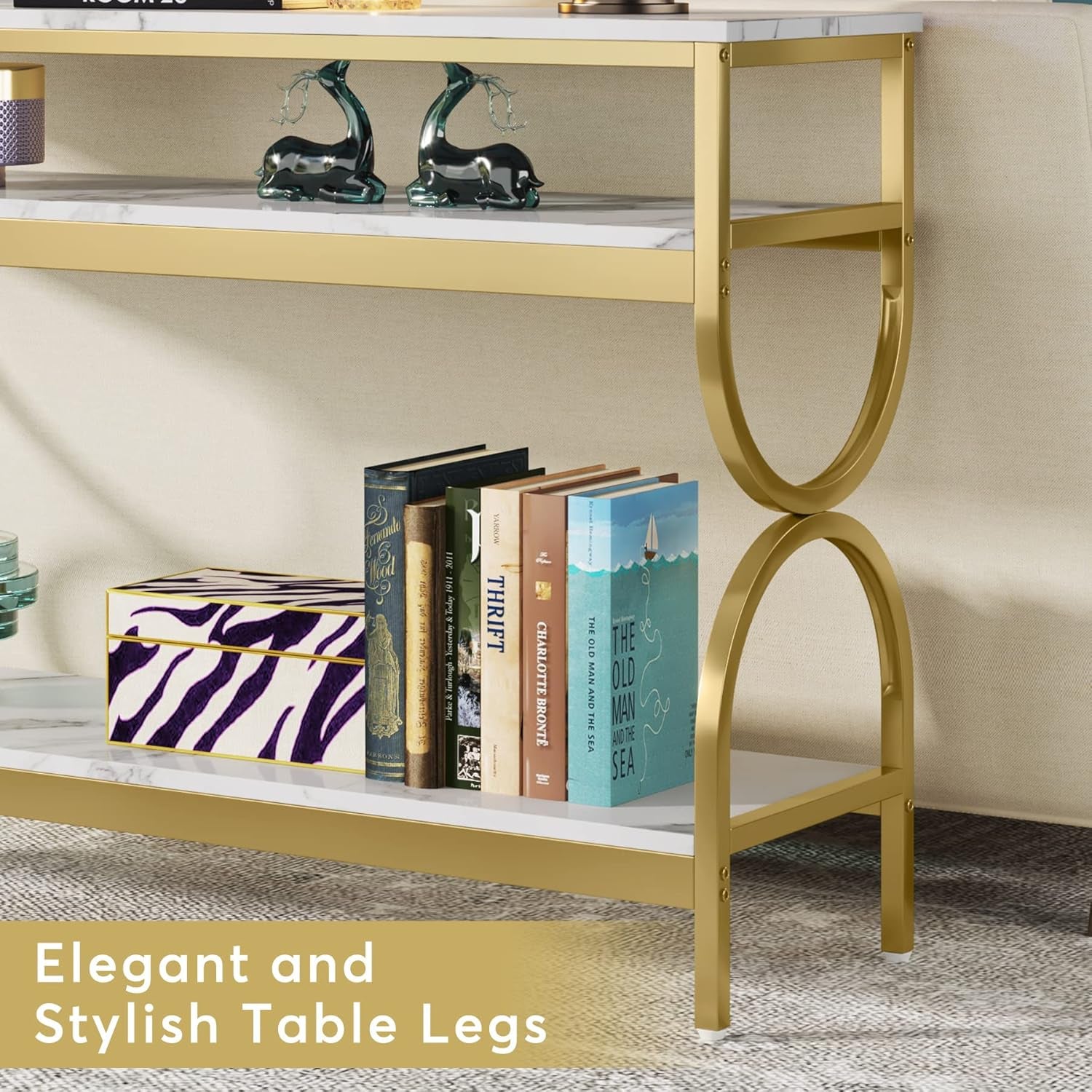 3-Tier Console Table, 55 Inch Sofa Table with Open Storage Shelves, Narrow Long Hallway/Entryway Table with Faux Marble Top for Home Living Room Entryway, White & Gold