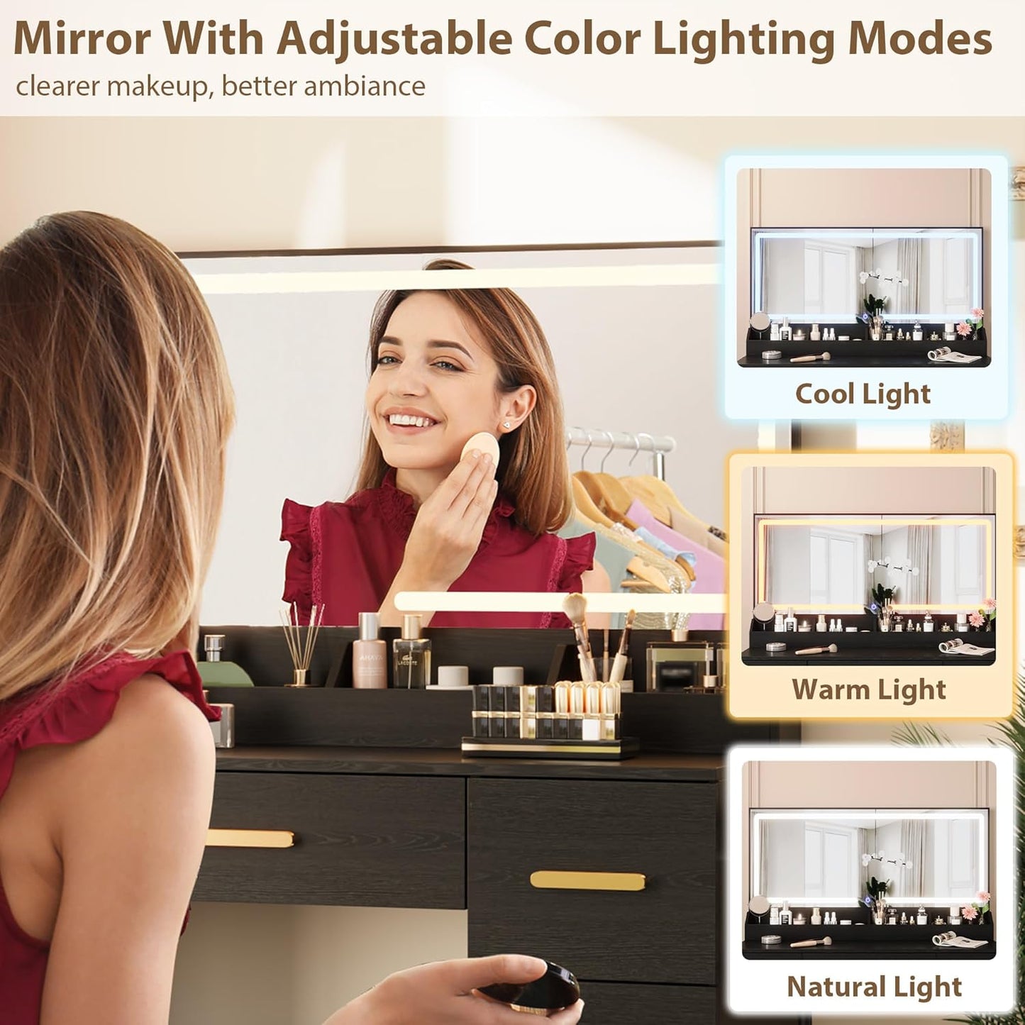Vanity Desk with Large Mirror and Lights, 45.9In Makeup Vanity Desk, 3 Lighting Modes Adjustable Brightness, Vanity Table with Power Outlet &8 Drawers, for Powder Room and Bedroom