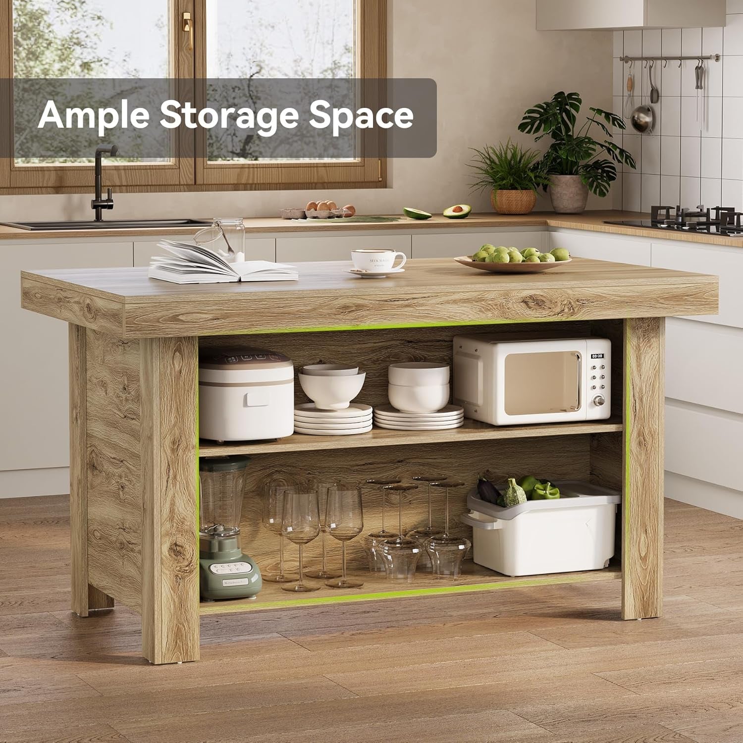 55 Inches Kitchen Island with Storage, 3-Tier Farmhouse Wooden Stationary Island Table with Large Worktop & Leg Room, Modern Coffee Bar Table with Storage Shelf for Kitchen, Oak