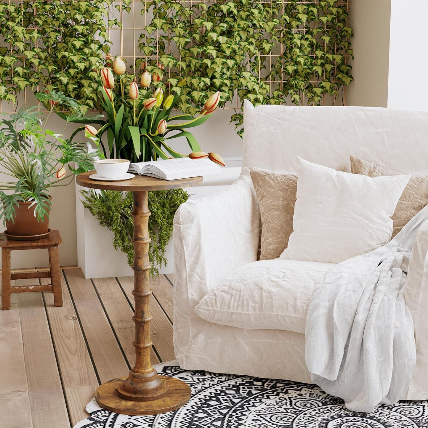 Round Side Table, Modern Drink Table for Small Spaces, Small End Table with Solid Wood Leg for Living Room, Bedroom, Corners, and Office (Rustic Brown)