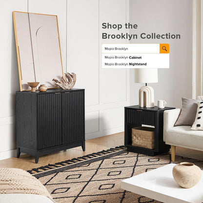 Brooklyn Storage Cabinet, Modern Farmhouse Entryway Accent Case, Buffet Sideboard, Console Table, Credenza, Wood Modular Organizer with Doors & Shelf, Fluted Panel Cupboard (Black, Single)