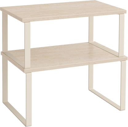 Cabinet Organizer Shelf, Set of 2 Kitchen Counter Shelves, Kitchen Storage, Spice Rack, Stackable, Expandable, Metal and Engineered Wood, Travertine Beige and Cream White UKCS020L01