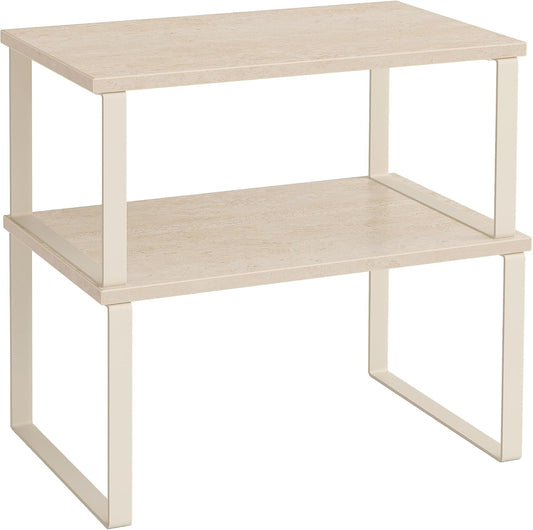 Cabinet Organizer Shelf, Set of 2 Kitchen Counter Shelves, Kitchen Storage, Spice Rack, Stackable, Expandable, Metal and Engineered Wood, Travertine Beige and Cream White UKCS020L01