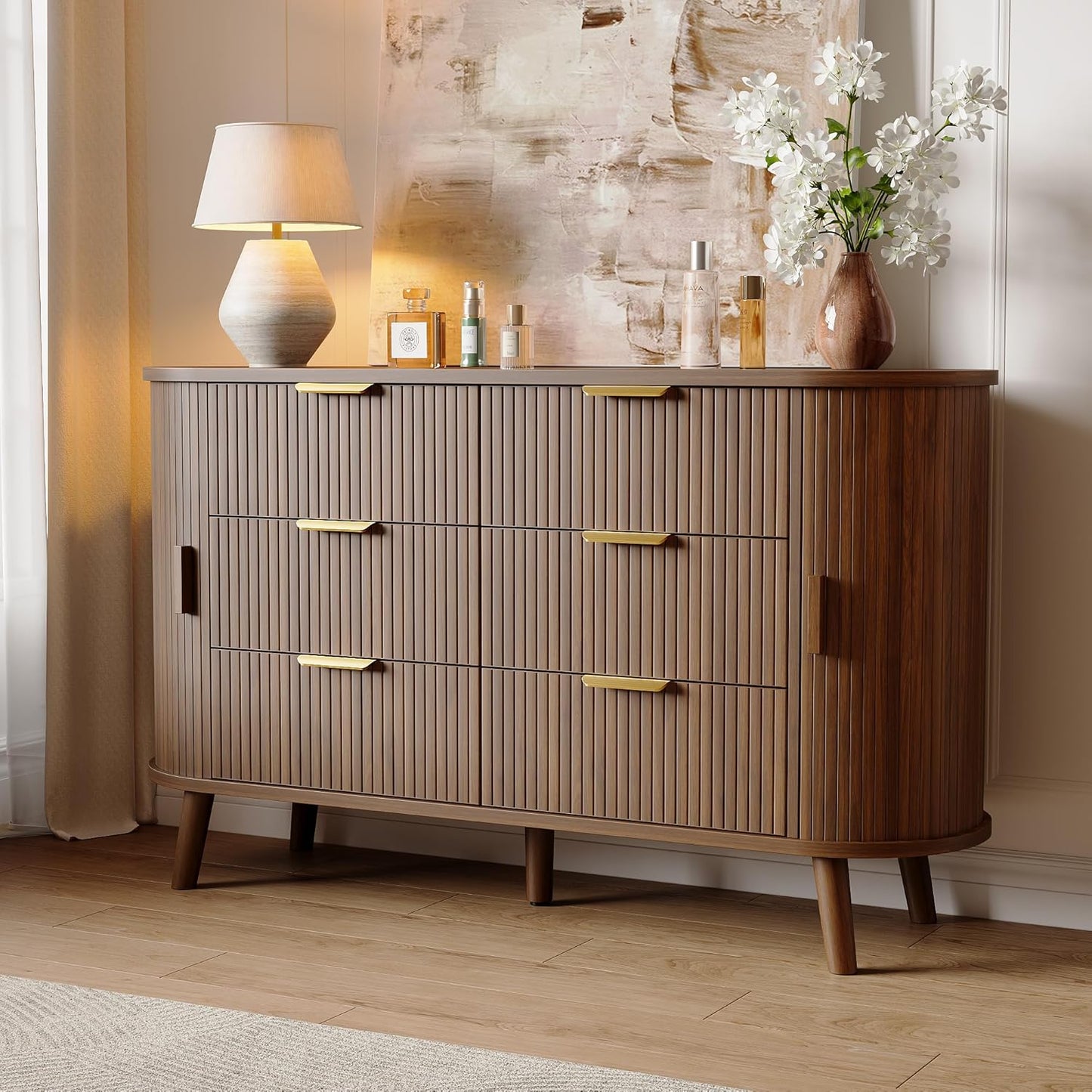Fluted 6 Drawers Dresser, 55'' Wide Mid Century Modern Chest of Drawers with Sliding Door & Metal Handles, Curved Profile & Sturdy Legs, Wood TV Stand for Bedroom, Living Room (Walnut)
