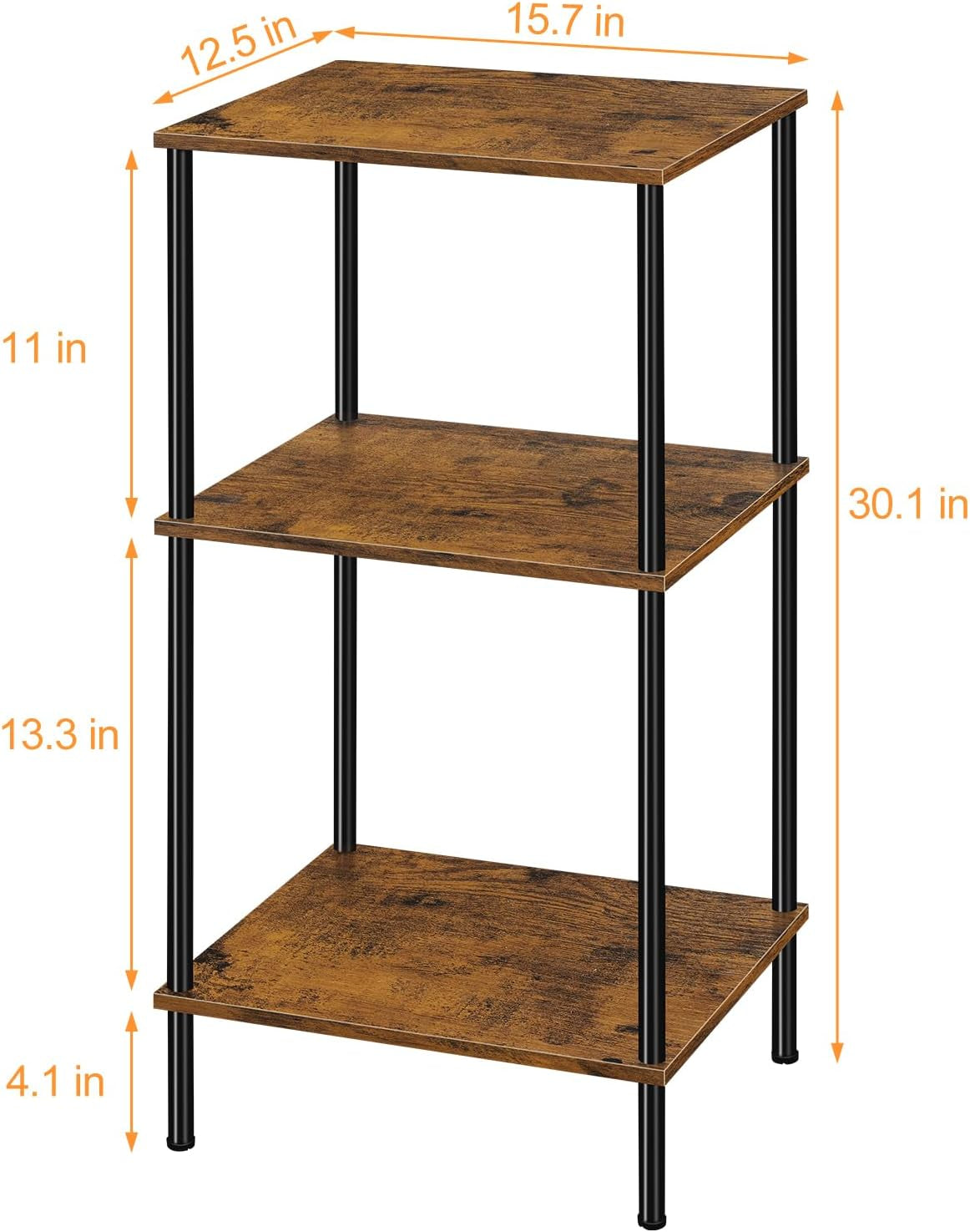 Tall Side Table 30 Inch Height Small Tall Bedside Table with Storage Shelves 3 Tier Narrow End Table Industrial Telephone Table for Living Room, Bedroom, Office, Rustic Brown