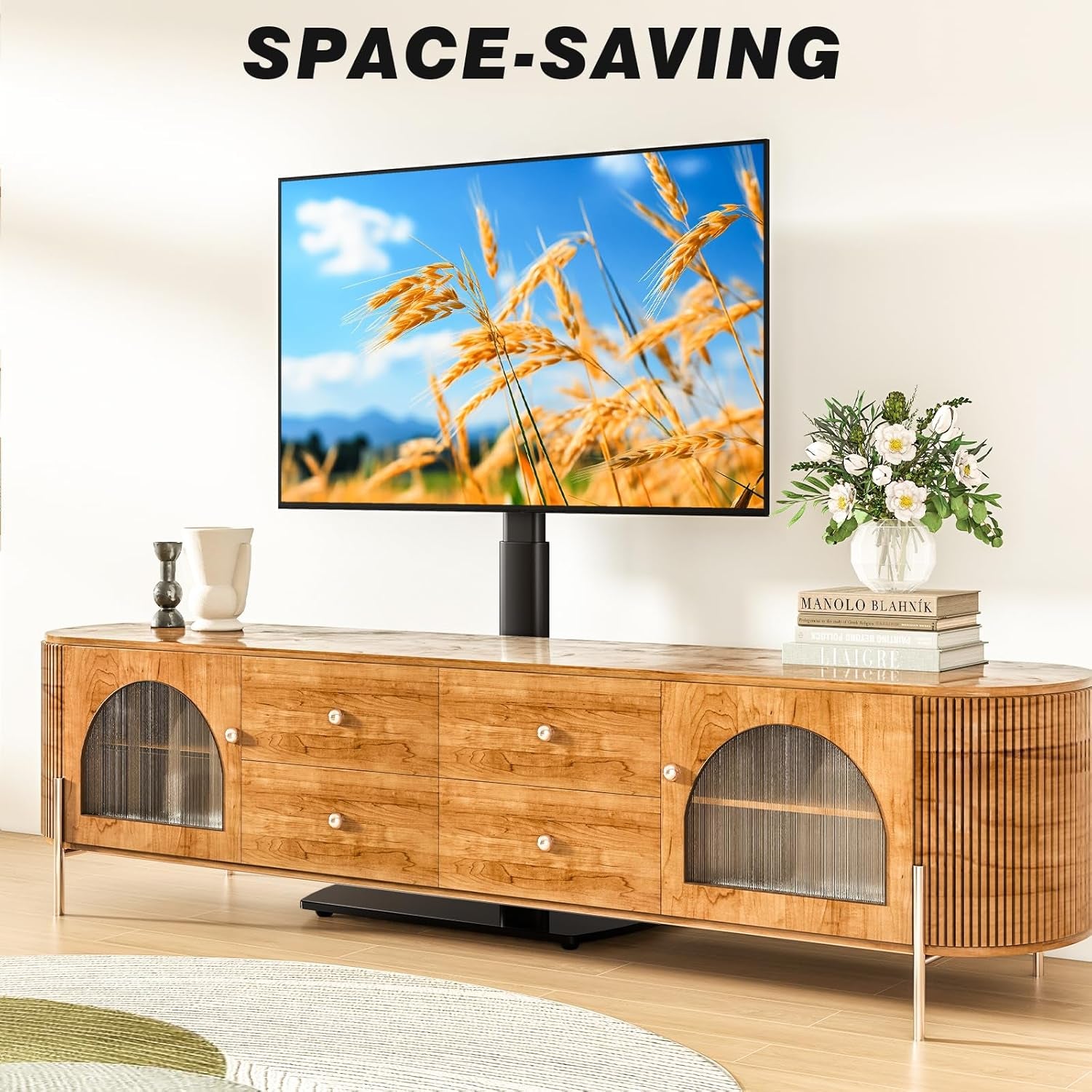Universal TV Floor Stand with Mount for 27-70 Inch LCD LED OLED Tvs, Swivel Height Adjustable Tall TV Stand, Space Saving Design for Corner Bedroom Living Room, Black