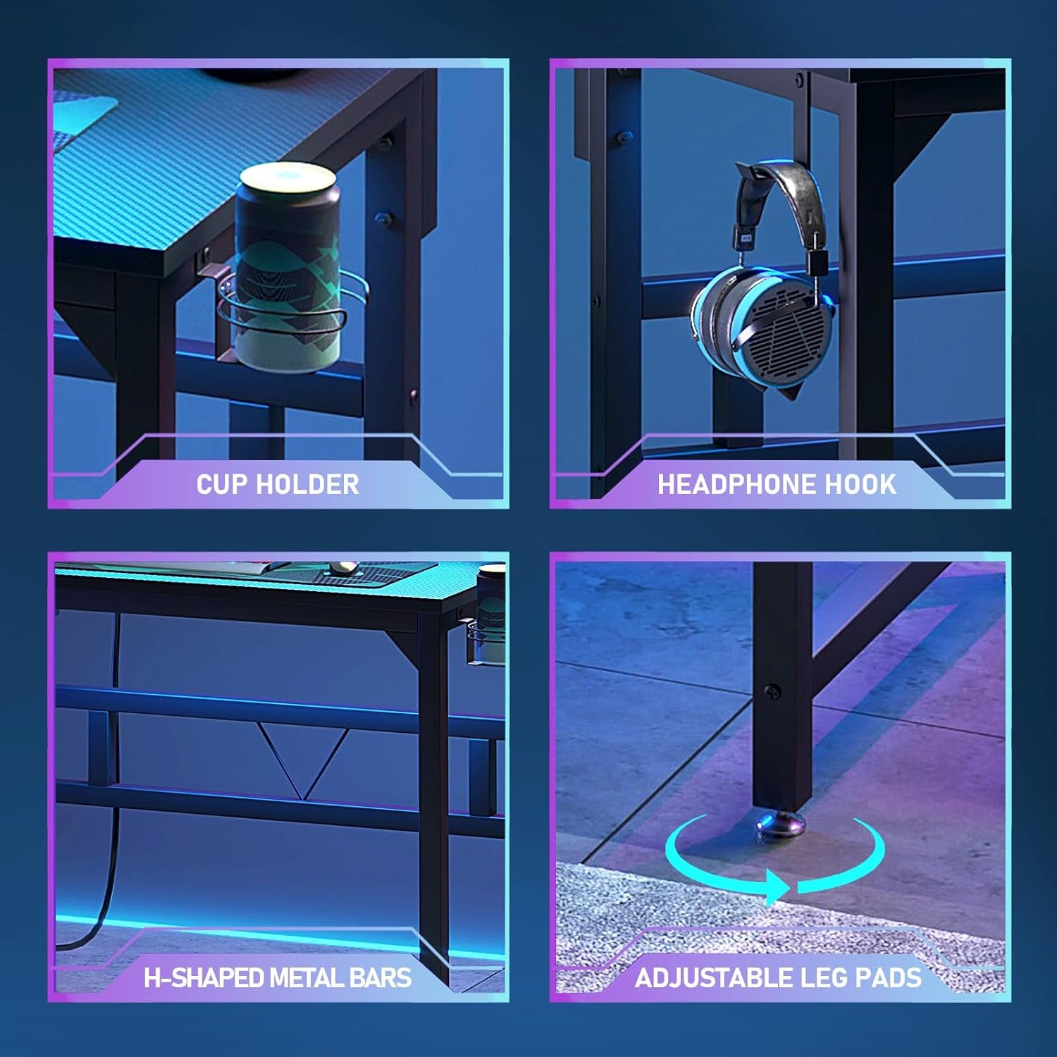 Gaming Desk with Power Outlets & LED Strip Lights,80Cm Industrial Writing Desk with Adjustable Monitor Stand, Cupholder and Headphone Hook for Home Office Black