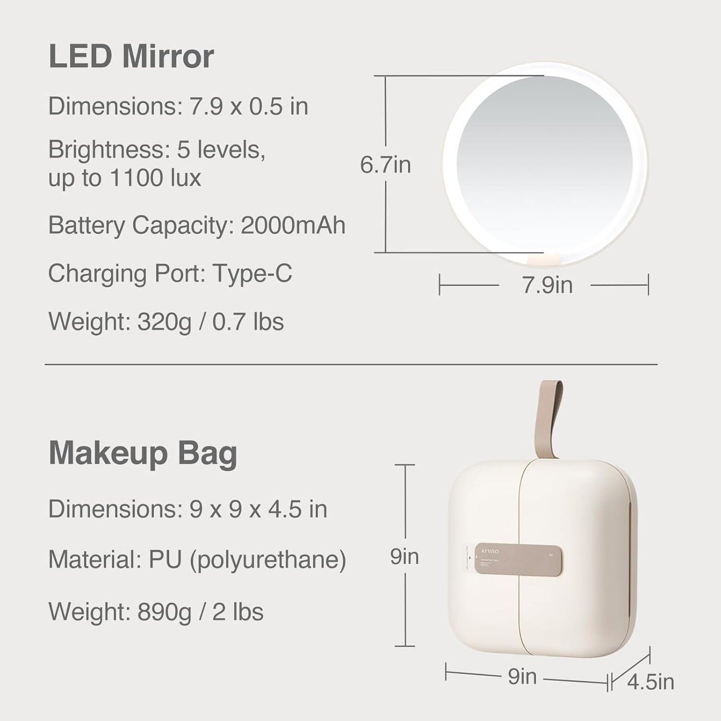 M2 Travel Makeup Bag with 5 Level Brightness & 3 Color LED Mirror, Portable Makeup Artist Organizer, White