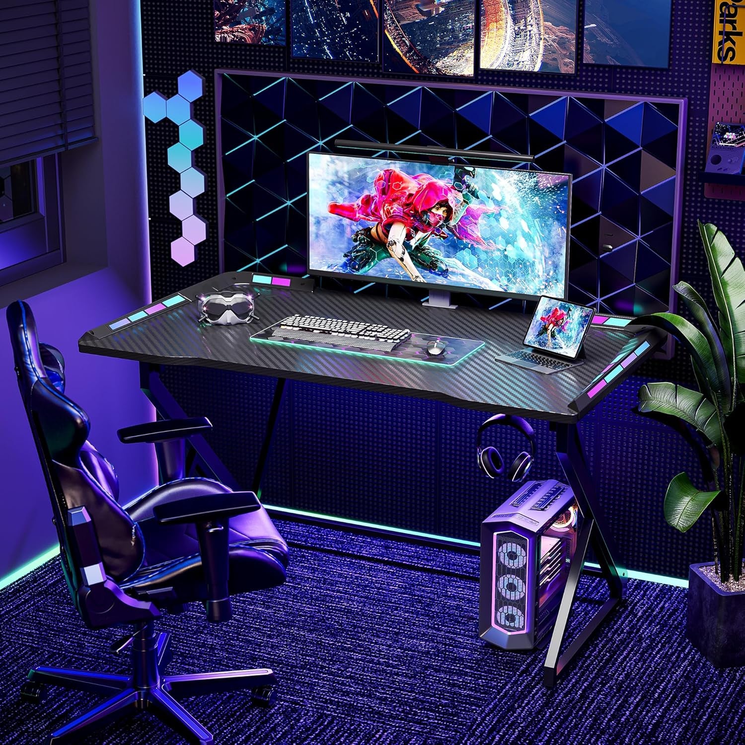 Gaming Desk with LED Lights, 40 Inch Computer Desk Z Shaped Gamer Workstation, Gaming Table with Carbon Fiber Surface, PC Gamer Desk, Black