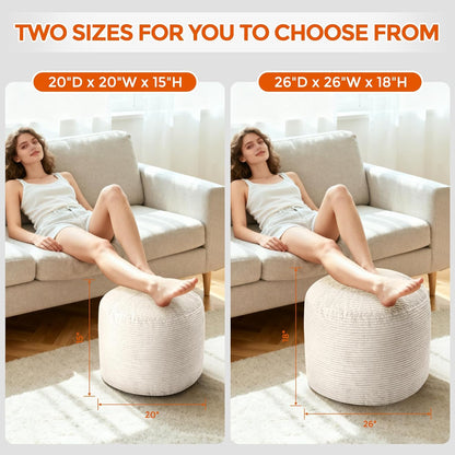 Pouf Ottoman Foot Rest, Comfortable & Soft, round Footstool for Living Room, Bedroom, Office, Room Decoration, Corduroy Foot Stool Pouf with Odorless & Anti-Clump Filling, Small Beige