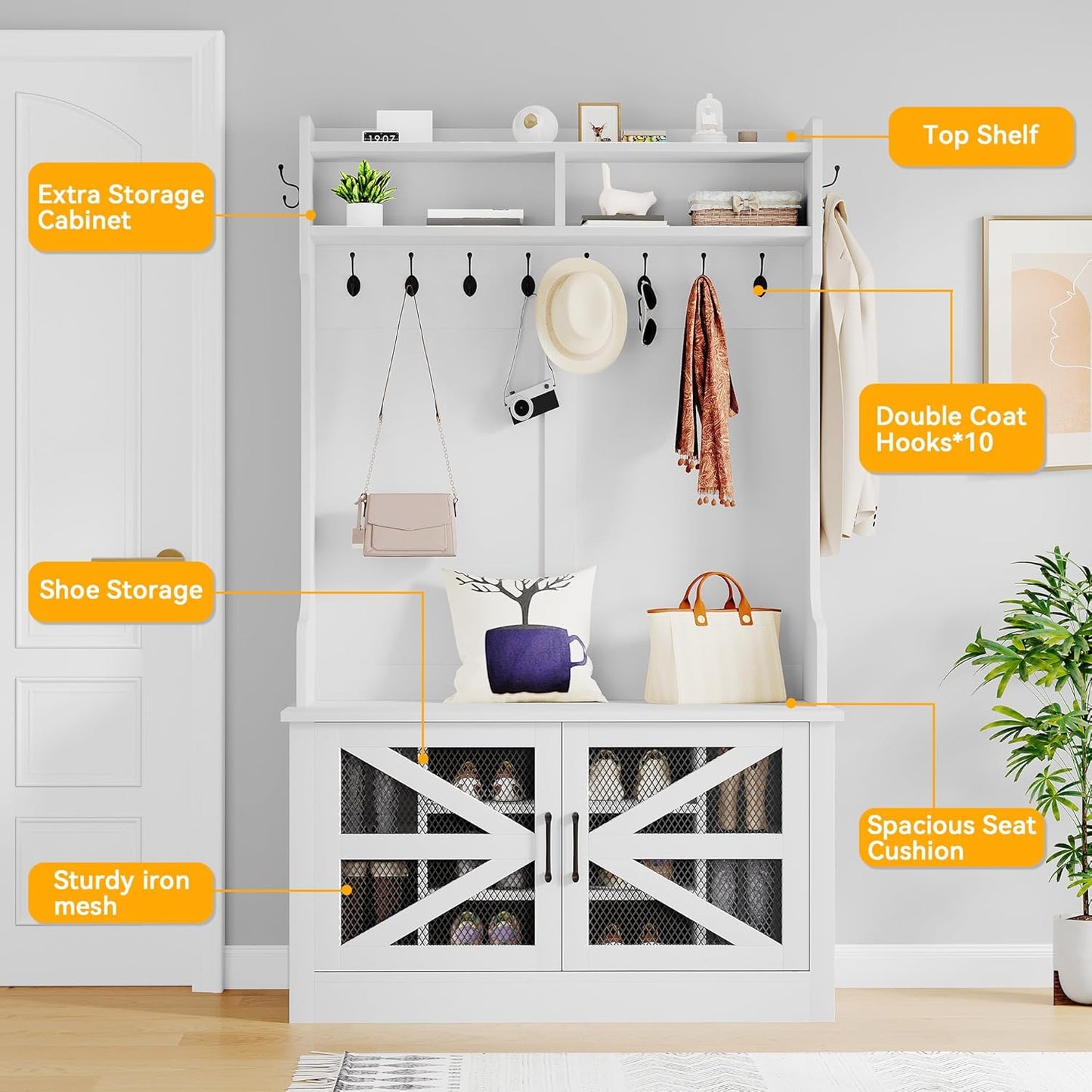 42" Wide Hall Tree with Shoe Storage, Farmhouse Entryway Bench with Coat Rack, 10 Shoe Cubbies with Adjustable Shelves & 10 Coat Hooks, Shoe Storage Bench for Entryway Hallway (White)