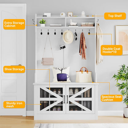42" Wide Hall Tree with Shoe Storage, Farmhouse Entryway Bench with Coat Rack, 10 Shoe Cubbies with Adjustable Shelves & 10 Coat Hooks, Shoe Storage Bench for Entryway Hallway (White)