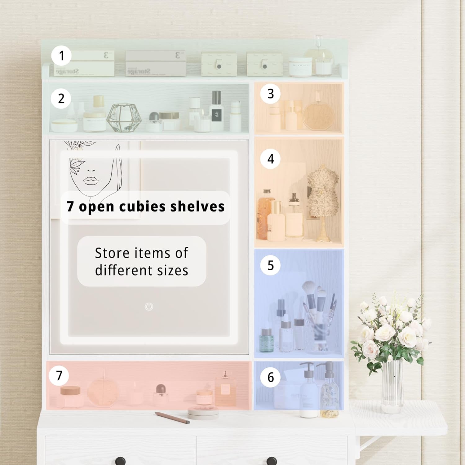 Vanity Desk with Mirror and LED Lights, Jewelry Cabinet, Makeup Dressing Table Set with Drawers, Storage Shelves, for Bedroom, 65.3 H White