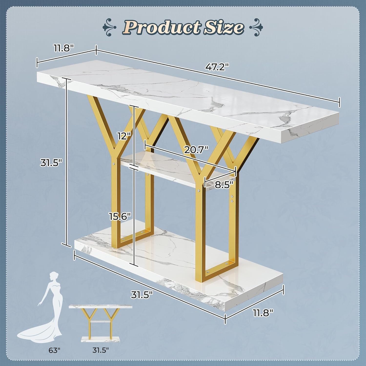 47.2 Inch Entryway Table with Marble Top, Industrial Console Sofa Table, 3 Tier Accent Table, for Entry, Hallway, Entrance, Foyer, Y-Shaped Metal Base, White Marble & Gold