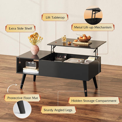 Coffee Table for Living Room, Lift Top Coffee Table with Storage, Small Rising Wooden Dining Center Table with Storage Shelf & Hidden Compartment, 39" Black