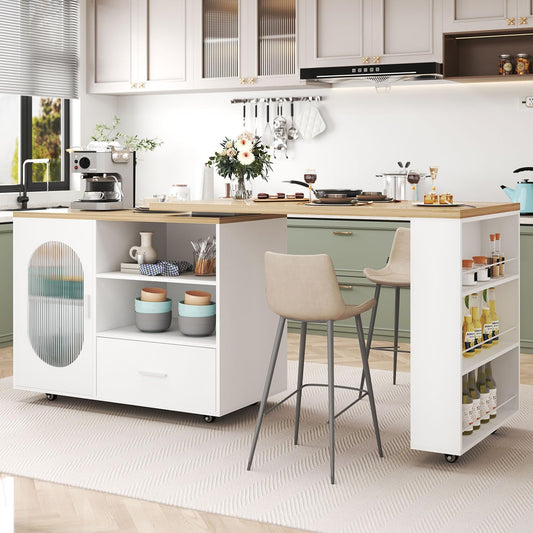 72.4” Rolling Kitchen Island with Swivel Table, Storage Cabinet, Drawers & Shelves, White Modern Mobile Island Cart on Wheels, Farmhouse Wood Island Table for Kitchen, Dining Room, Home Bar