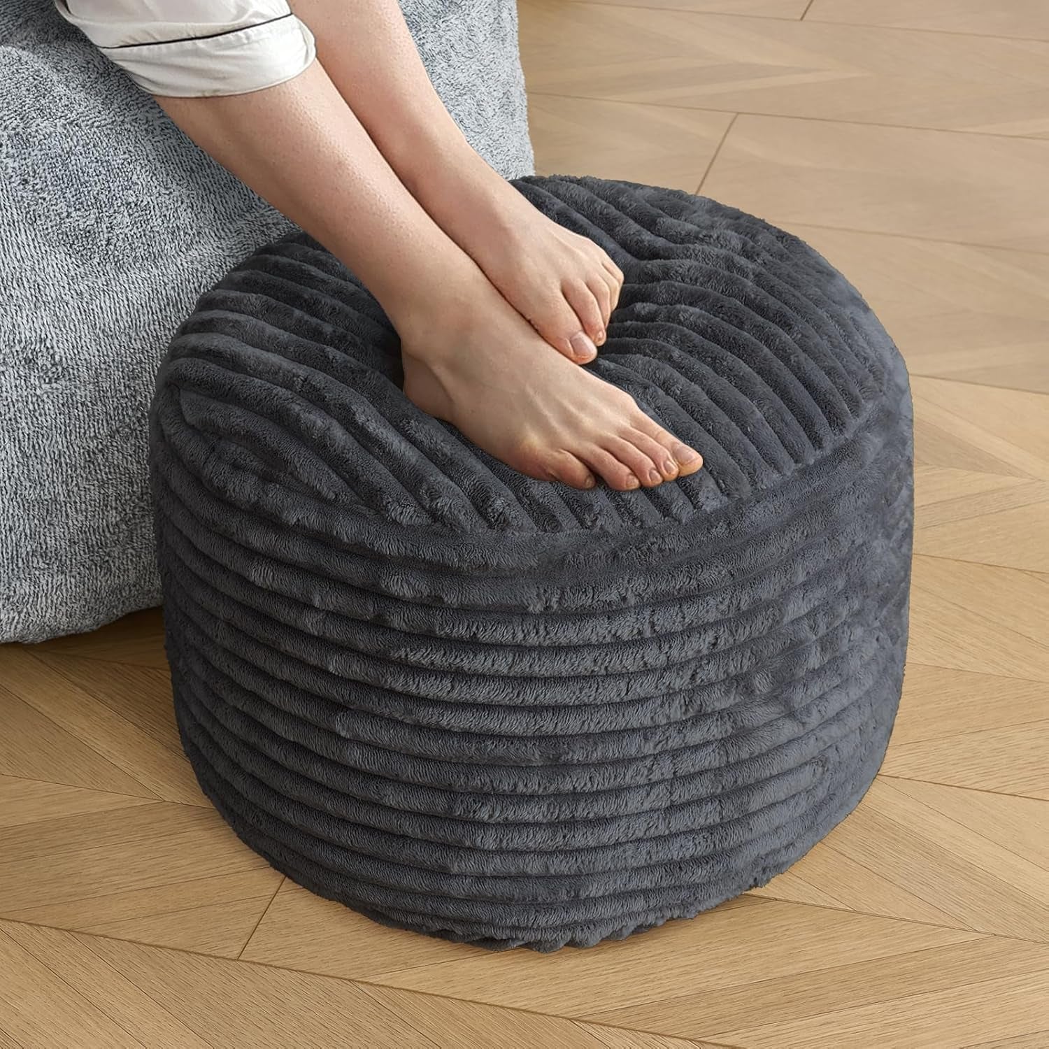 Stuffed round Pouf Ottoman,Corduroy Foot Rest with Shredded Foam Filling, Lightweight and Fluffy Pouf Storage Ottoman for Living Room,Floor Poufs for Couch,20"X 17",Dark Grey