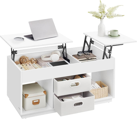 Coffee Table, Lift Top Coffee Table with 2 Drawers and Hidden Compartments, Center Table with Lift Tabletop, Open Compartments, for Living Room, Home Office, Snow White ULCT210W01