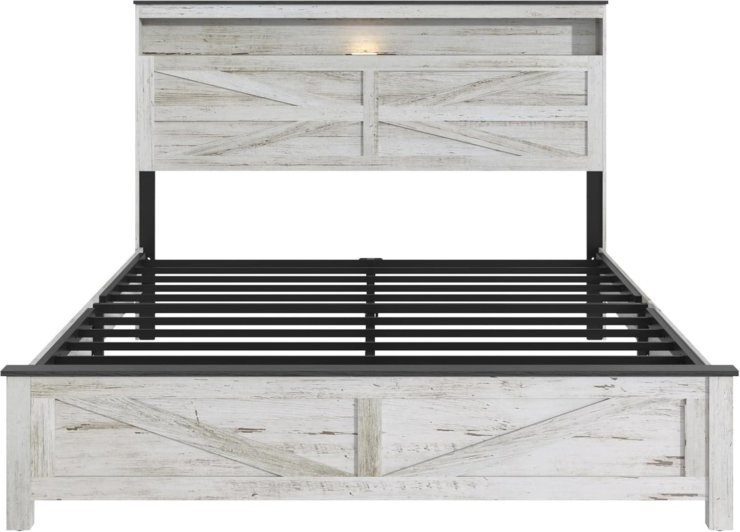 Farmhouse Wooden Bed Frame Full Size with Storage Headboard, Boho Platform Bedframe with LED Lights and Charging Station, Metal Slats Support, No Box Spring Needed, White