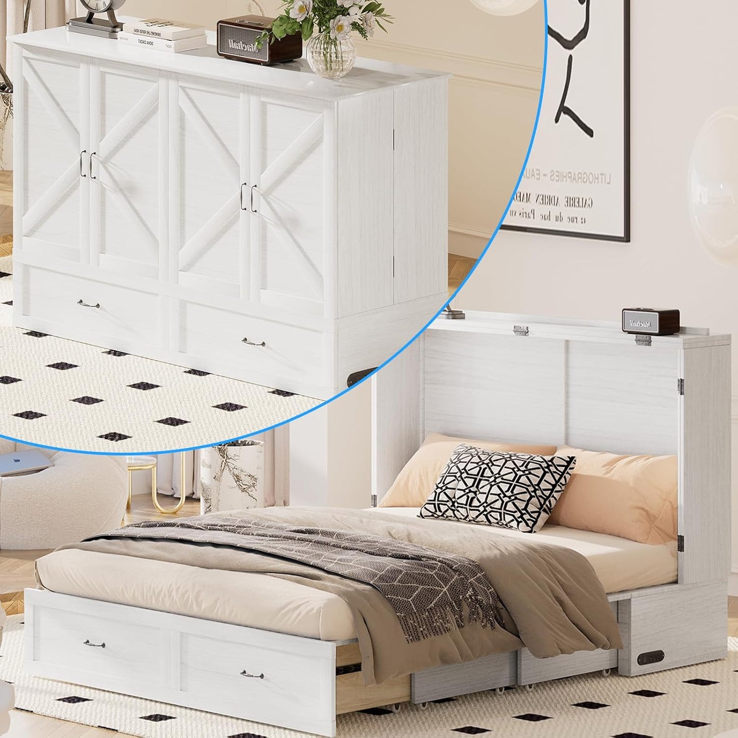 63" W Murphy Bed with Tri-Folding Mattress, Queen Cabinet Bed with Built-In Charging Station & Drawer Storage for Living Room, Apartment, Office, Home, Bedroom, White