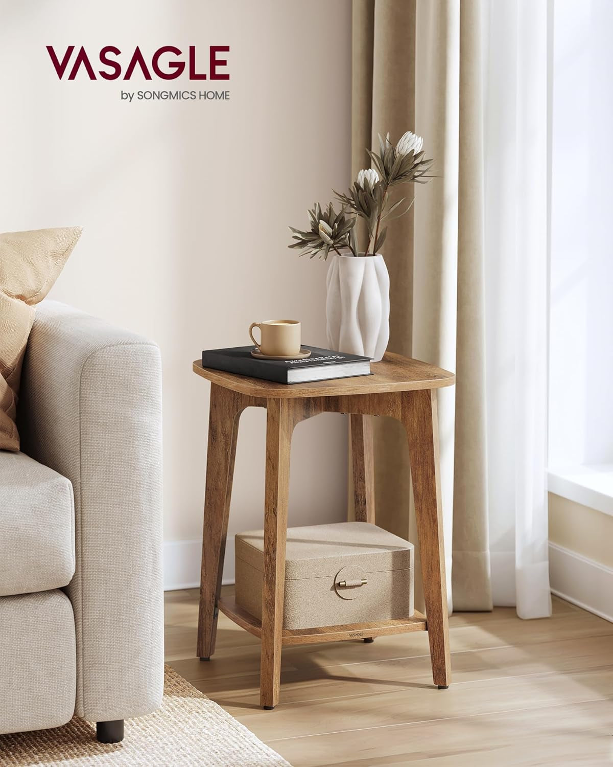 Side Table, Small Square End Table with Lower Shelf, Nightstand for Small Spaces, Living Room, Bedroom, Honey Brown ULET236K01