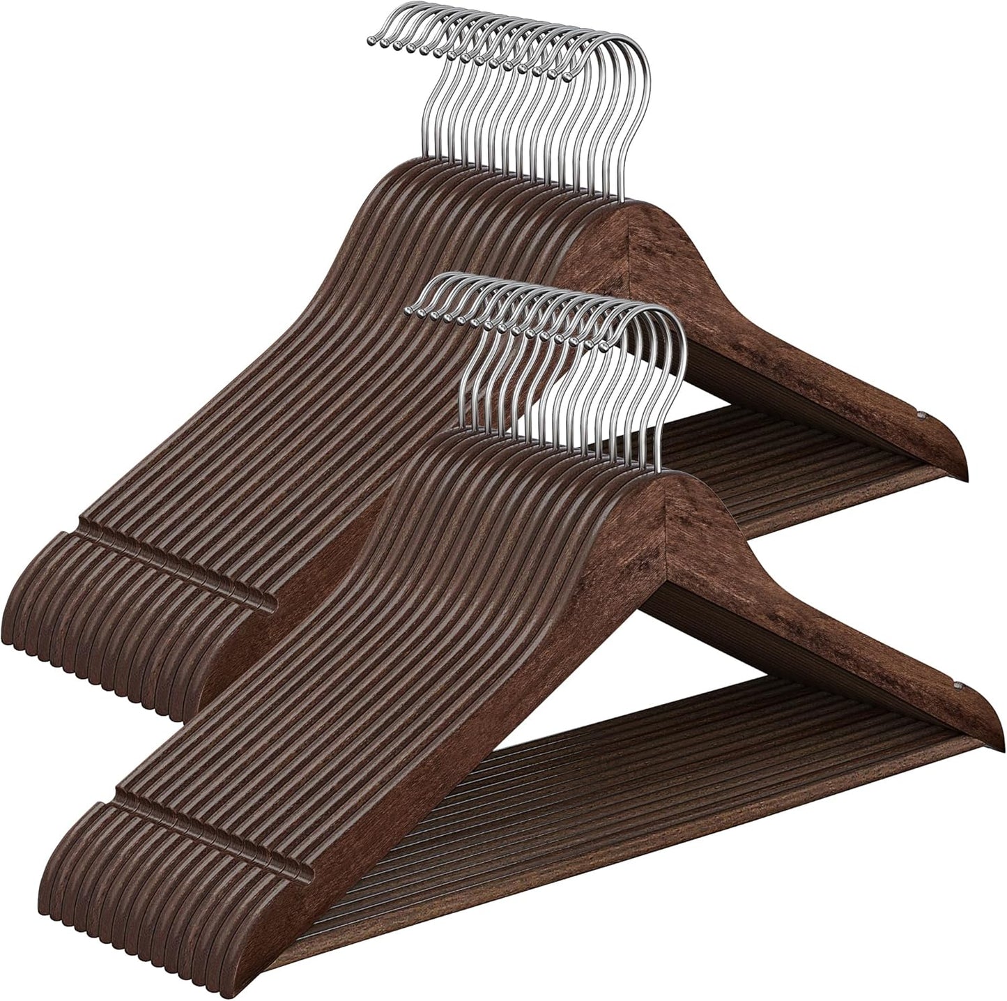 Wooden Hangers, Pack of 30, Coat Hangers, Pants Bar, 360° Swivel Hooks, Solid Birch Wood, Space Saving, for Jackets, Shirts, Coats, Walnut Brown UCRW030K02