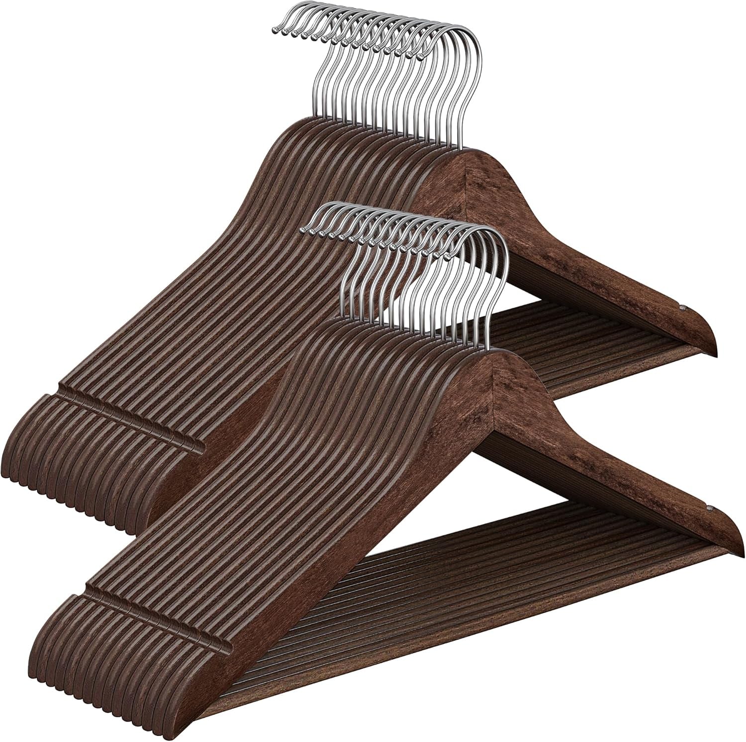 Wooden Hangers, Pack of 30, Coat Hangers, Pants Bar, 360° Swivel Hooks, Solid Birch Wood, Space Saving, for Jackets, Shirts, Coats, Walnut Brown UCRW030K02